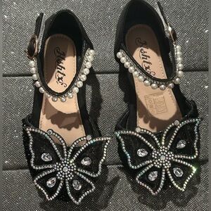 Girls Black Butterfly Gem Shoes with Pearl Strap